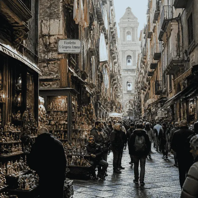 Narrow Spaccanapoli street in Naples historic center with artisan shops and hanging laundry.