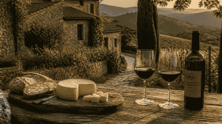 Glasses of red wine and local delicacies on a wooden table overlooking a lush vineyard and rustic stone winery in the Umbrian countryside.
