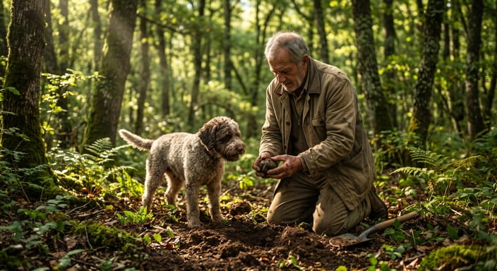 A local truffle hunter and his dog finding fresh black truffles in the lush forests of Umbria, Italy.