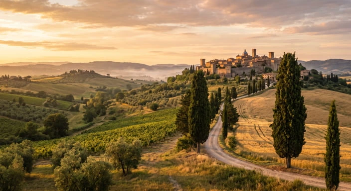 Romantic sunset view of Umbrian rolling hills and medieval villages for a bespoke Italian vacation.