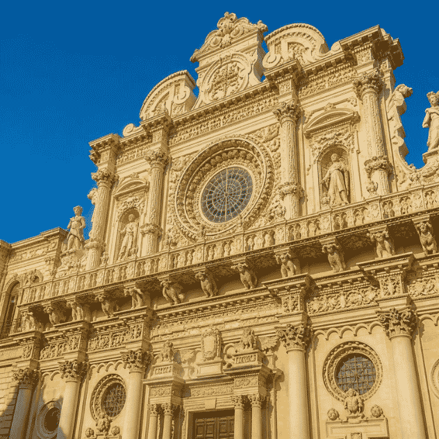 Intricate Baroque carvings on the golden stone facade of the Basilica di Santa Croce in Lecce, Puglia.