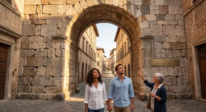 The monumental Etruscan Arch in the historic center of Perugia, the vibrant capital of Umbria.