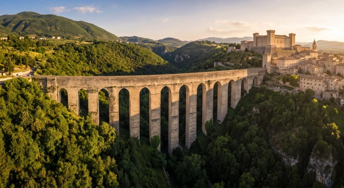 The historic Ponte delle Torri medieval aqueduct spanning a lush green gorge in Spoleto, Umbria.